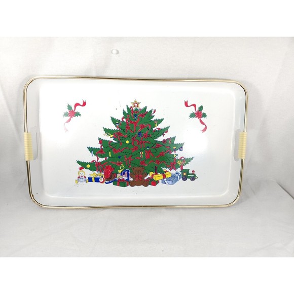 Other - Vintage LACQUER WARE Christmas Holiday Serving Tray 18" x 11" Gold Trim Tea Tray